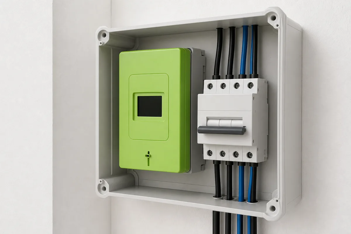 Disjoncteur de branchement tetrapolaire et compteur communicant dans un coffret ouvert, eclairage neutre