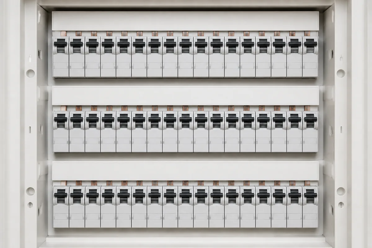 Rangees de disjoncteurs reperees par etiquettes dans un coffret electrique domestique, vue de face