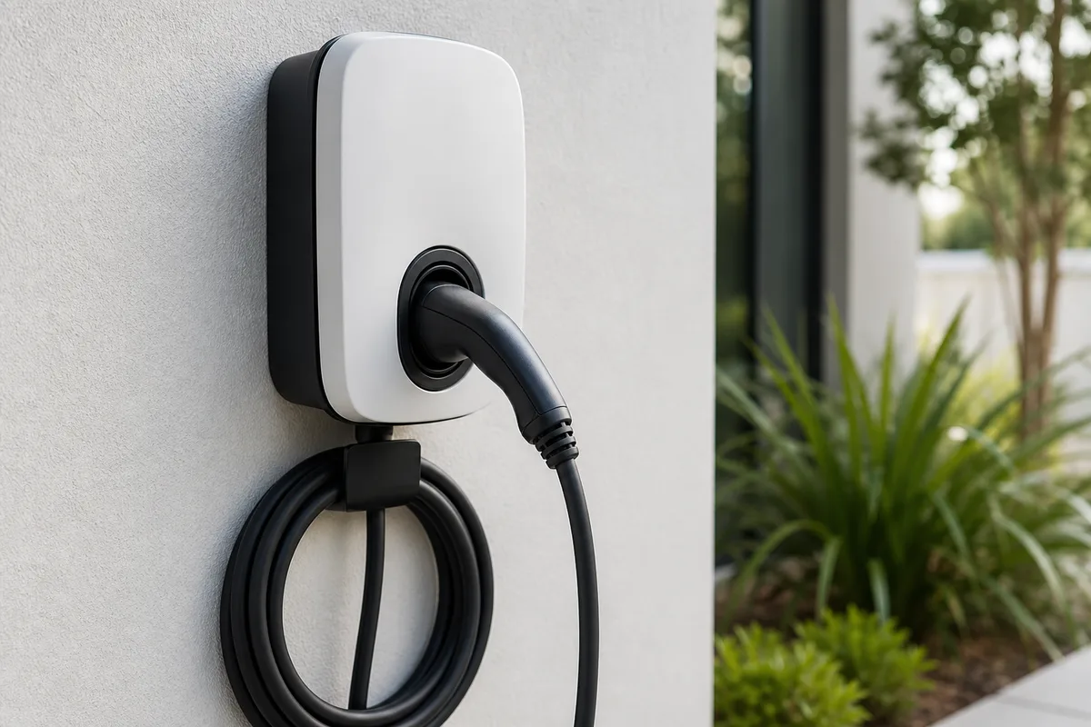 Borne de recharge murale blanche installée sur le mur extérieur d’une maison individuelle, câble connecté à une voiture électrique dans l’allée