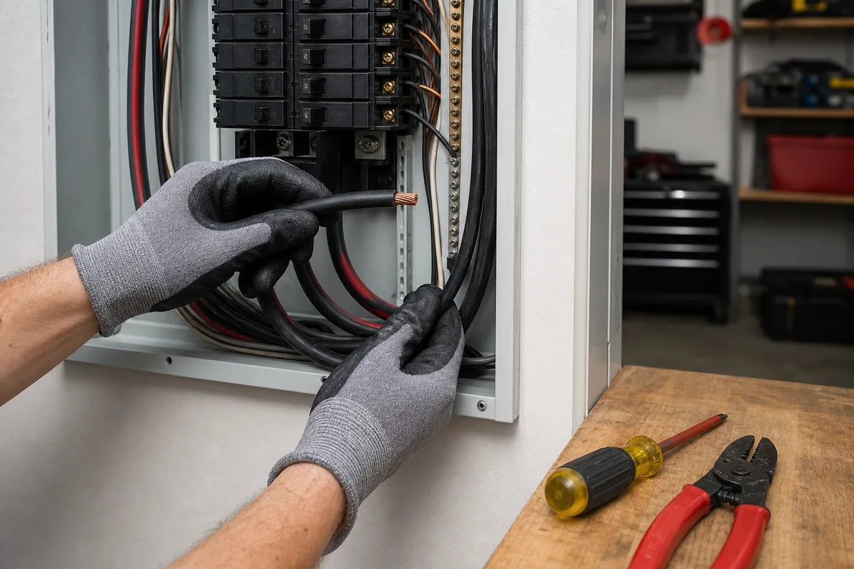 Électricien qualifié raccordant les câbles d’une borne de recharge dans un tableau électrique domestique ouvert, outils posés à côté