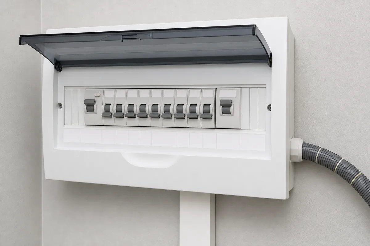 Tableau électrique moderne d’une maison avec disjoncteur et différentiel dédiés à la recharge, câble de forte section repéré