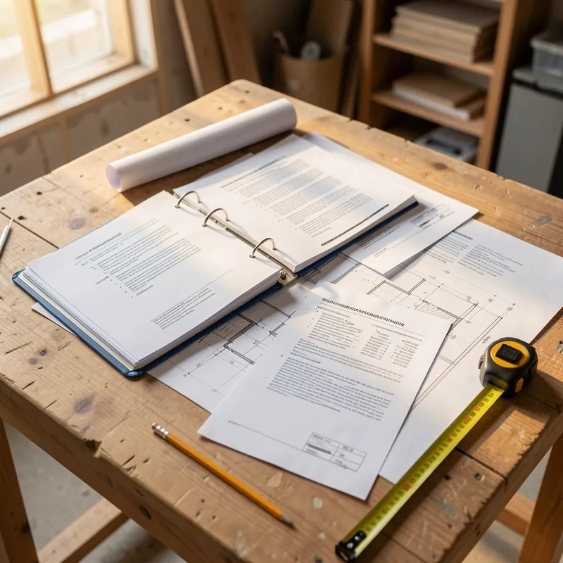 Classeur technique et parties de la norme NF C 15-100 ouverts sur un plan de chantier