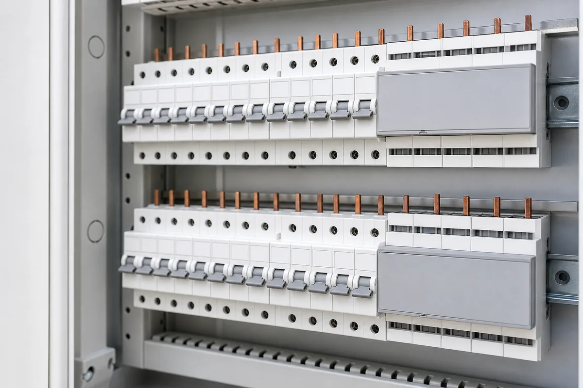 Coffret électrique ouvert avec rangées de disjoncteurs modulaires et actionneurs sur rail, lumière naturelle latérale