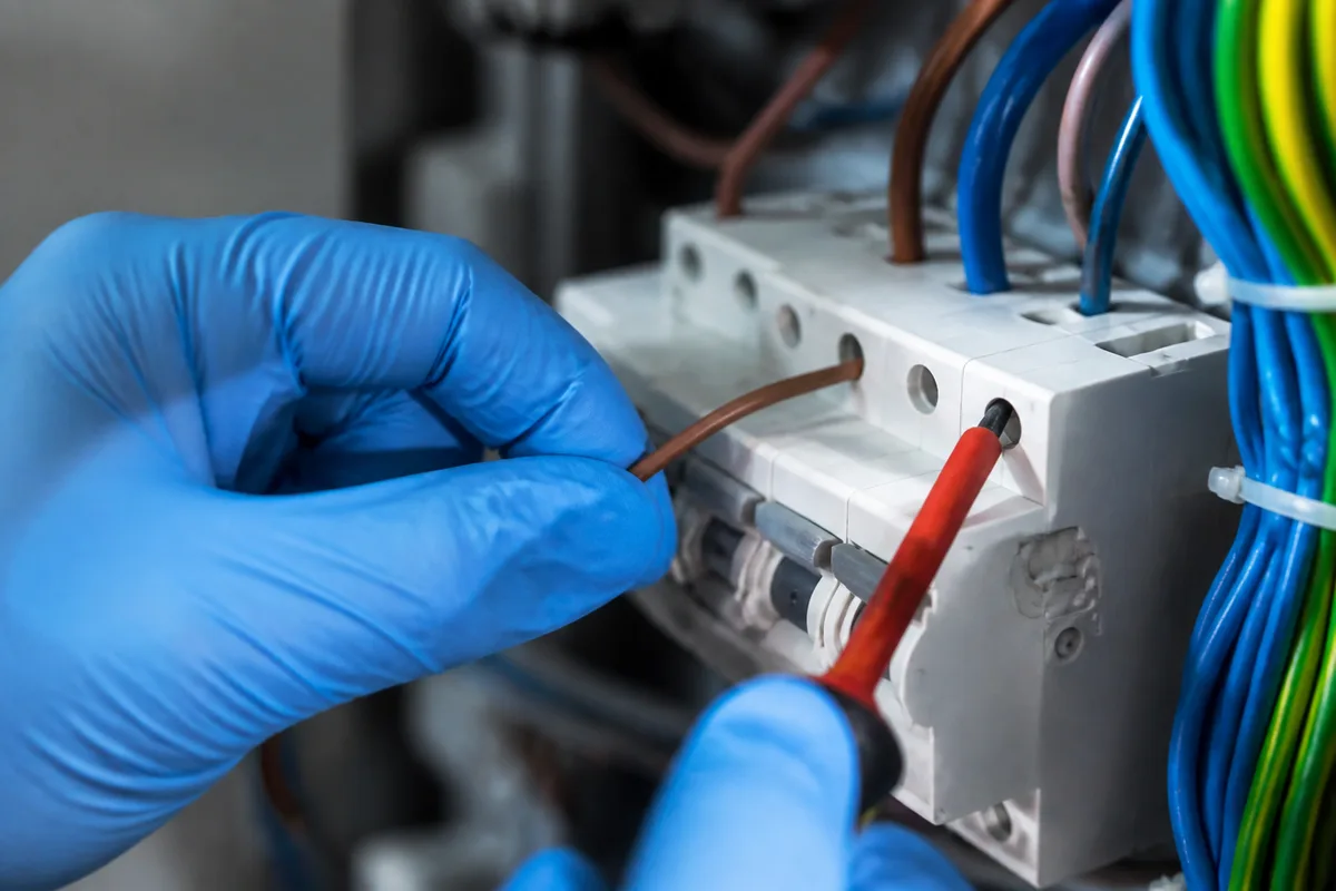 Electricien en gants isolants raccordant des conducteurs dans un coffret modulaire, plan rapproche sur les mains