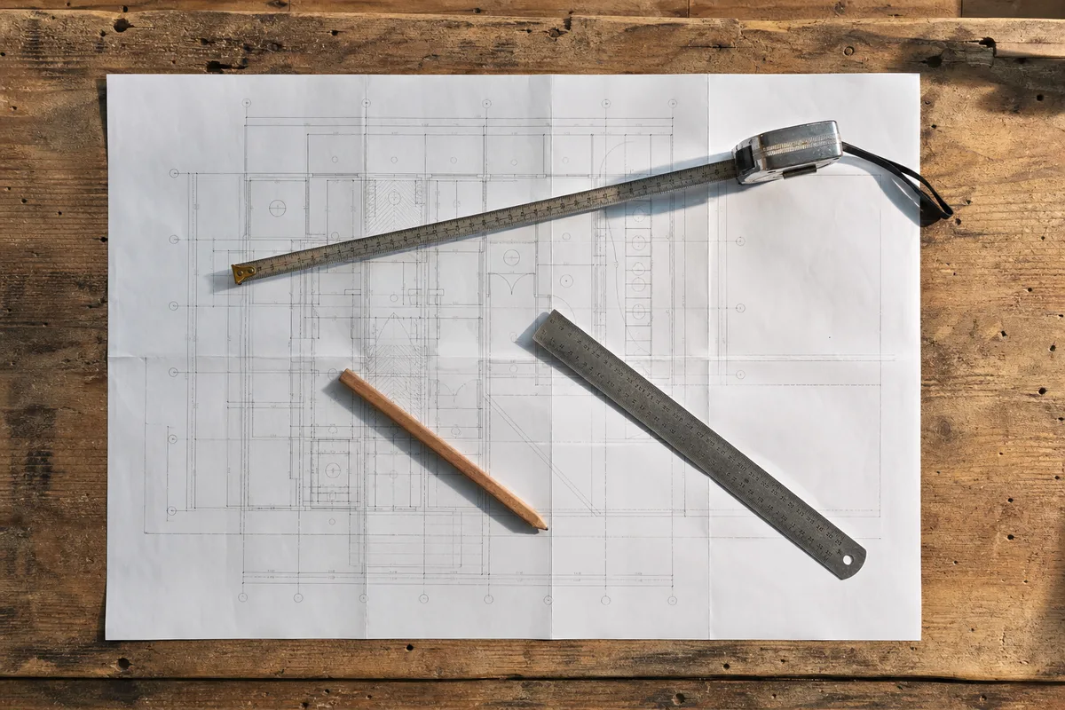 Plan electrique deplie sur une table de chantier avec crayon et metre ruban, lumiere du jour rasante