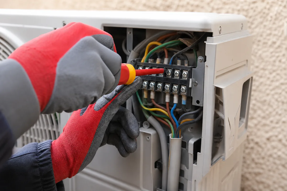 Mains gantées d’un électricien contrôlant le serrage des bornes d’un bornier