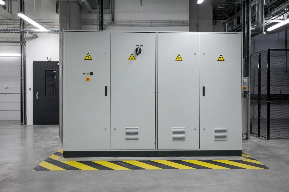 Armoire électrique industrielle équipée de pictogrammes de danger jaunes et noirs dans un local technique