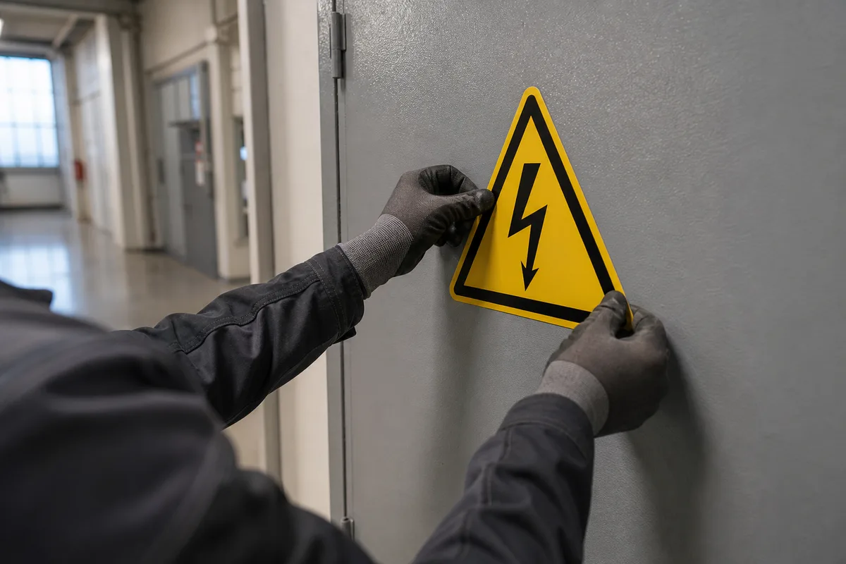 Technicien habilité posant un panneau de danger électrique sur la porte d&rsquo;un local technique